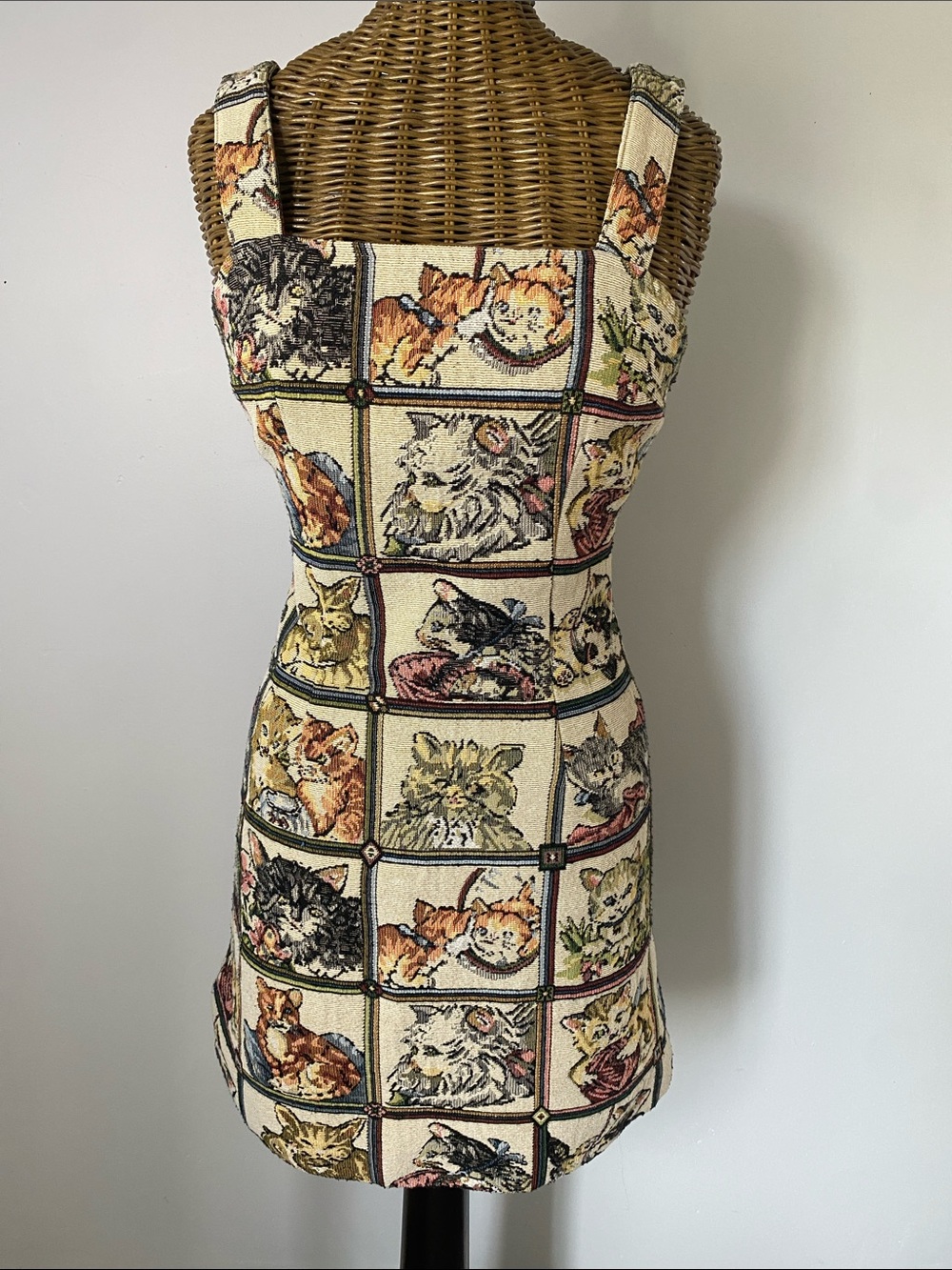 Cider Vintage Cat Cream Tapestry Apron Dress with Multi-Color Cat Panels